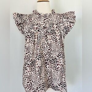 SEA New York Leopard Print Ruffle Mock Neck Flutter Blouse Top Size Medium